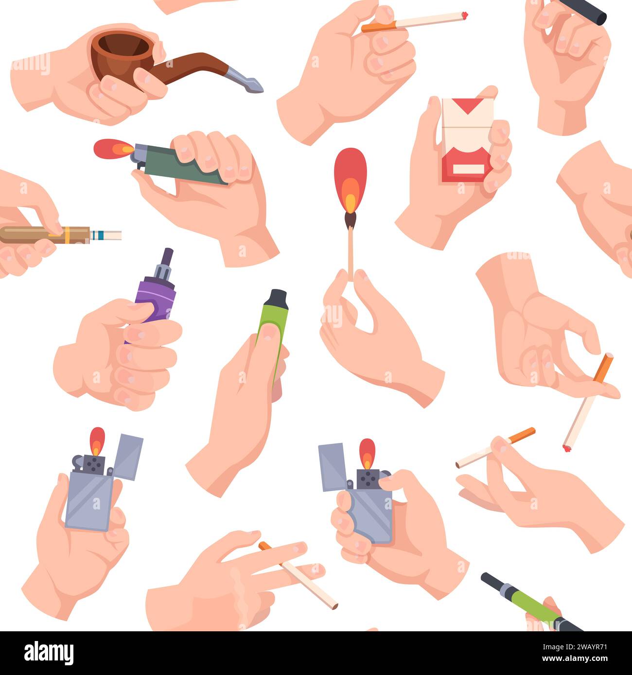 Cigarettes pattern. Smoke gadgets in hands vector seamless background Stock Vector