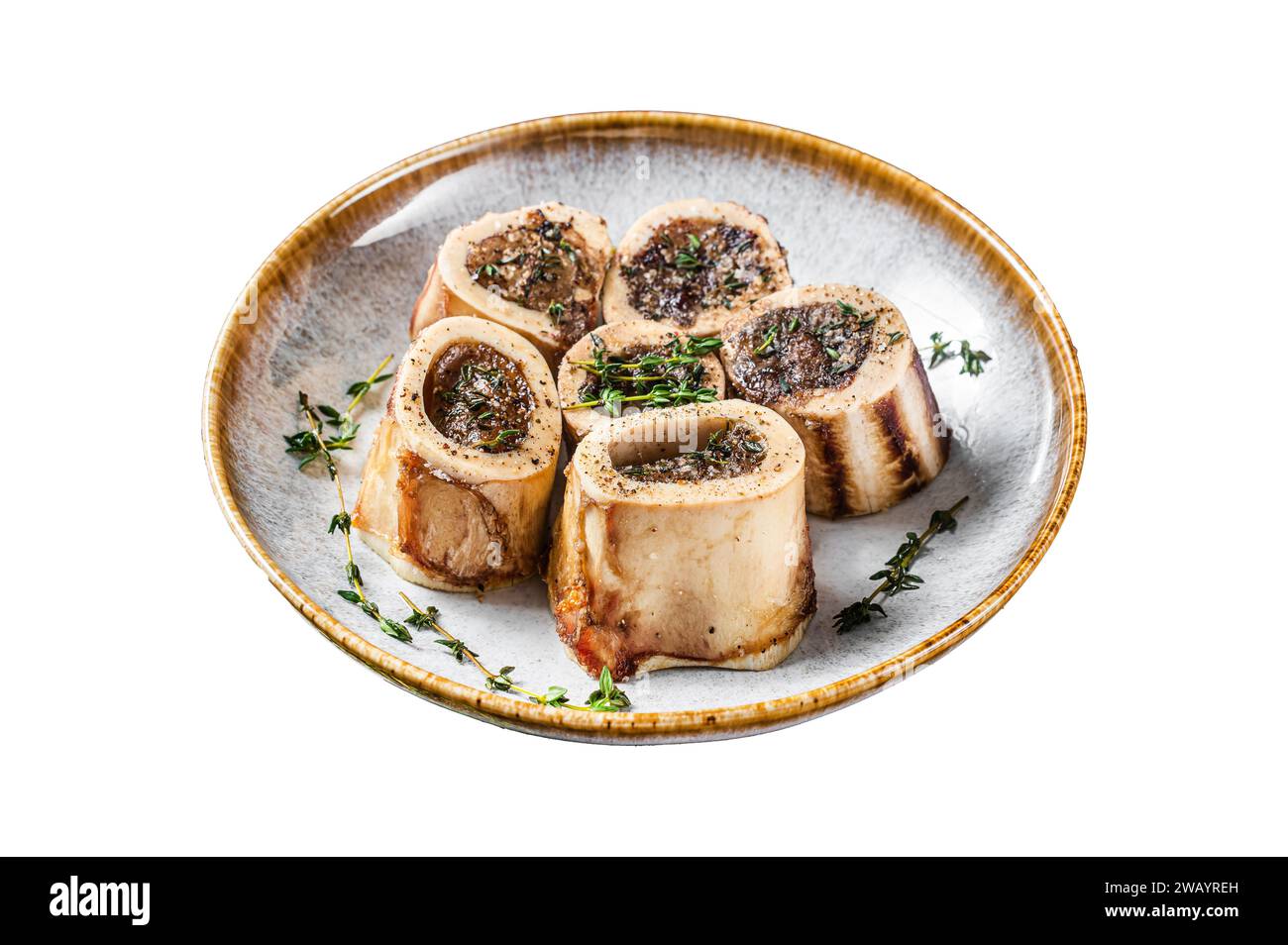 Baked marrow veal beef bones in plate with thyme and herbs. Isolated on