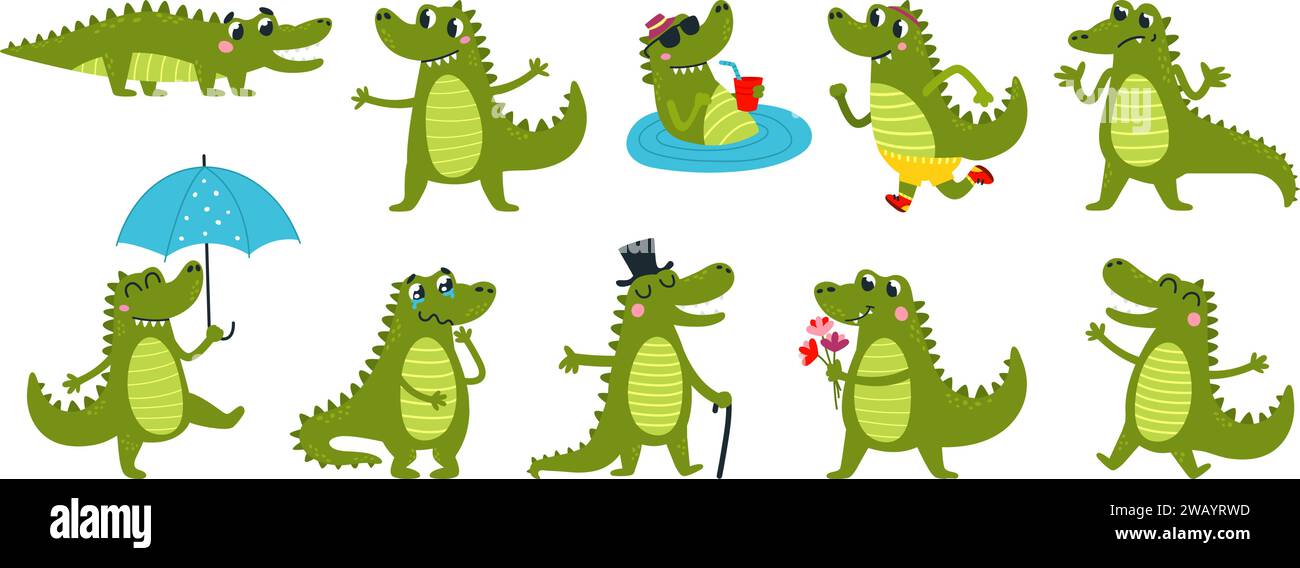 Cartoon crocodiles. Funny cartoon crocodile resting, walking on rain