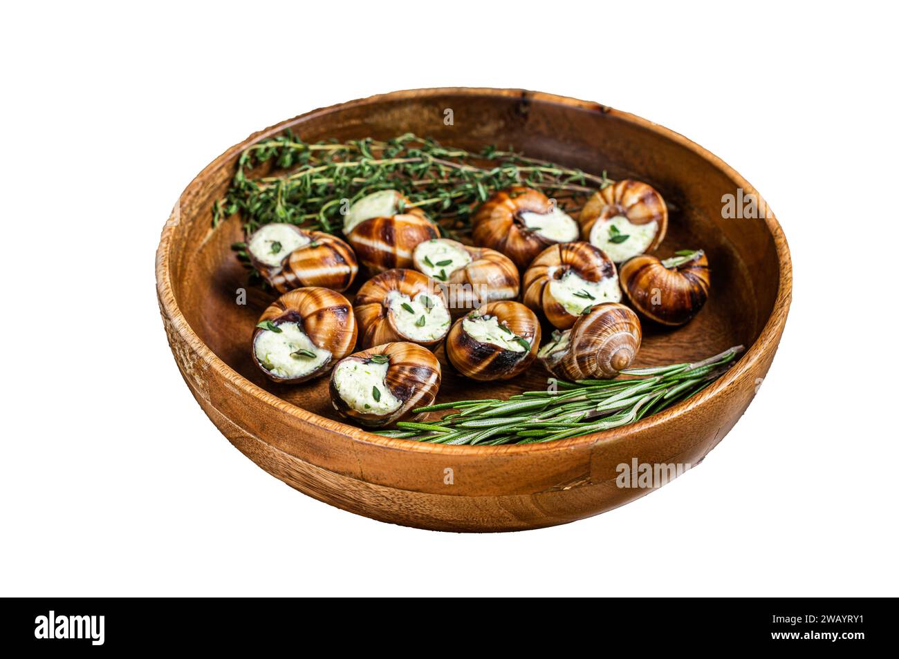 French Escargot Snails with garlic butter in a wooden plate. Isolated