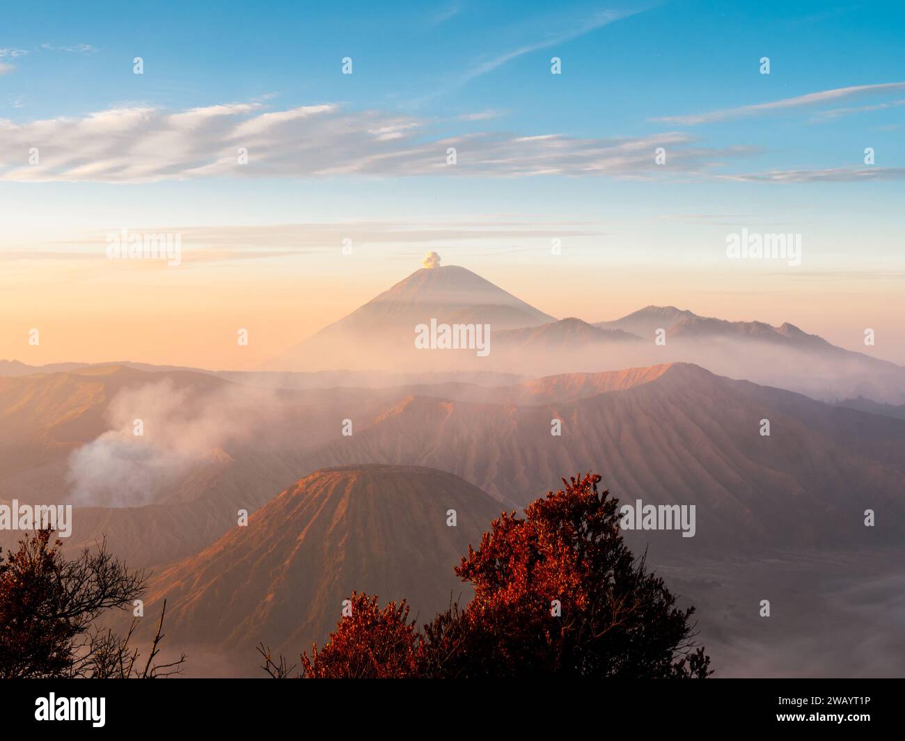 View of Bromo and Semeru volcanoes, Java, Indonesia Stock Photo