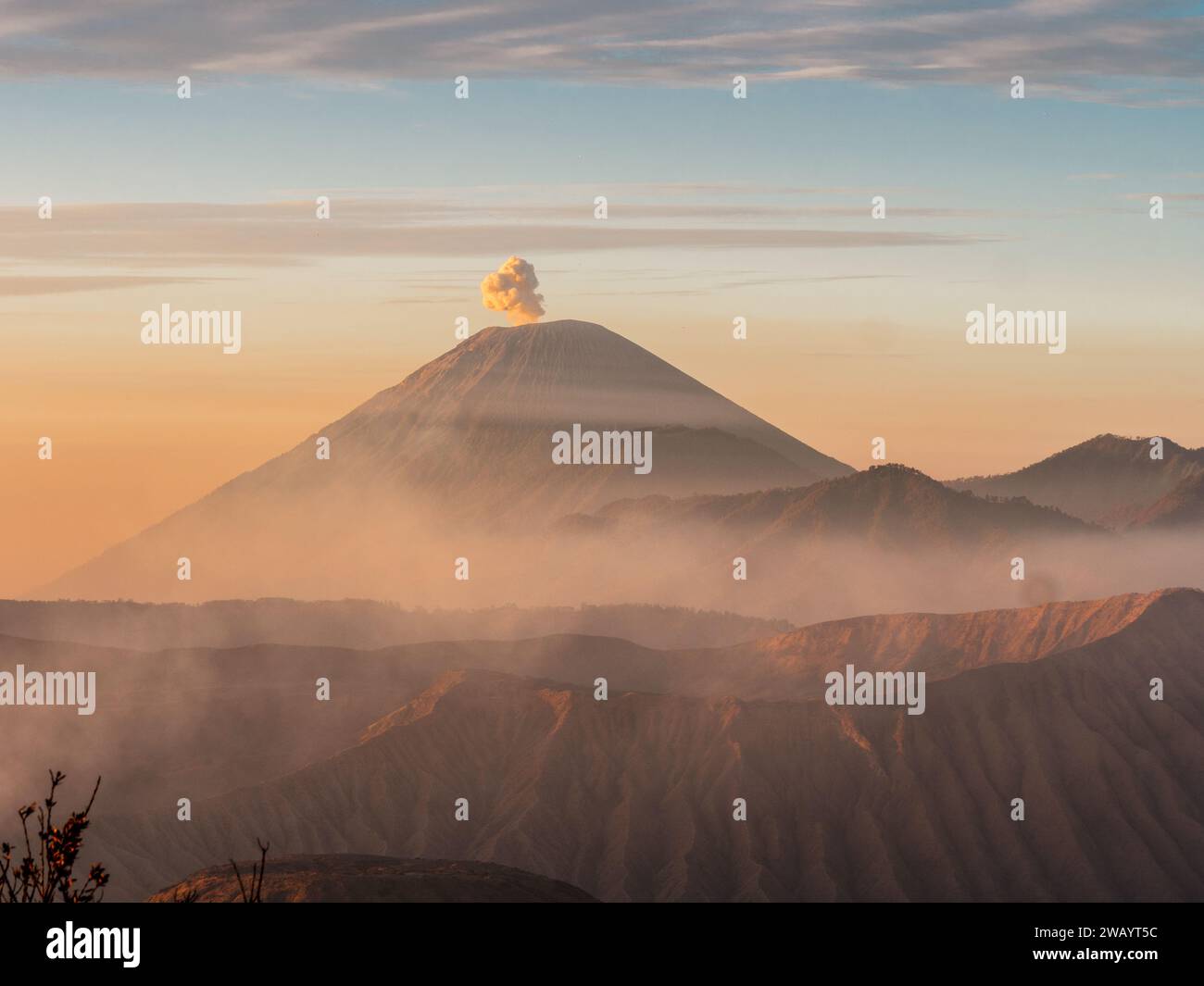 View of Bromo and Semeru volcanoes, Java, Indonesia Stock Photo