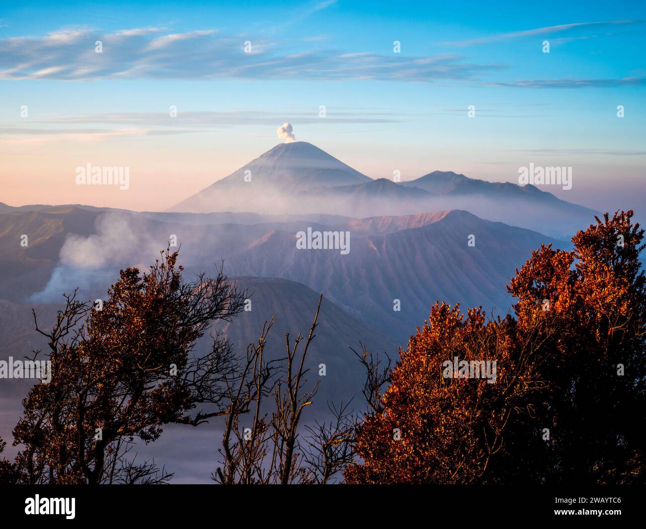 View of Bromo and Semeru volcanoes, Java, Indonesia Stock Photo
