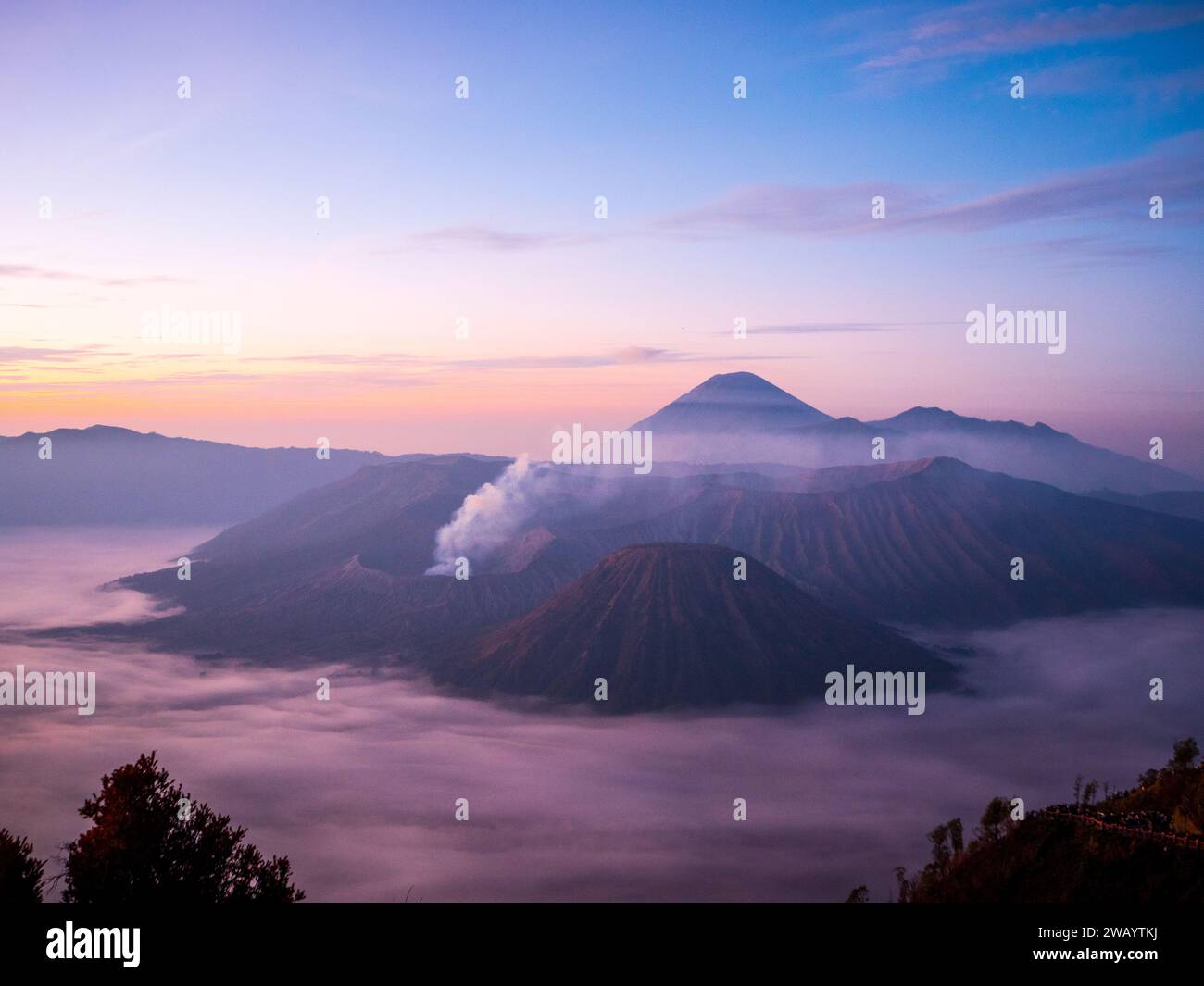 View of Bromo and Semeru volcanoes, Java, Indonesia Stock Photo