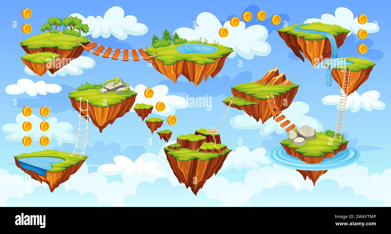 Arcade level map. Rock island platforms for jumping road to goal play 2d video game old computer console floating nature ground gaming world background neoteric vector illustration of game platforms Stock Vector