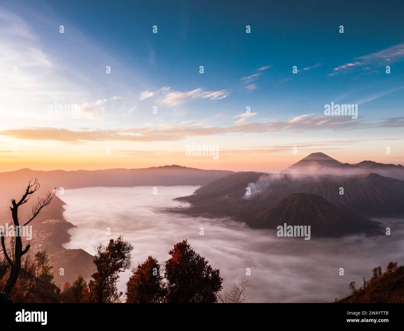 View of Bromo and Semeru volcanoes, Java, Indonesia Stock Photo