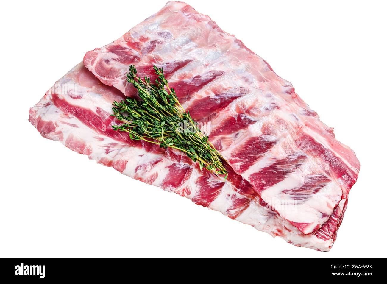 Raw pork loin spare ribs with thyme. Isolated on white background, top ...
