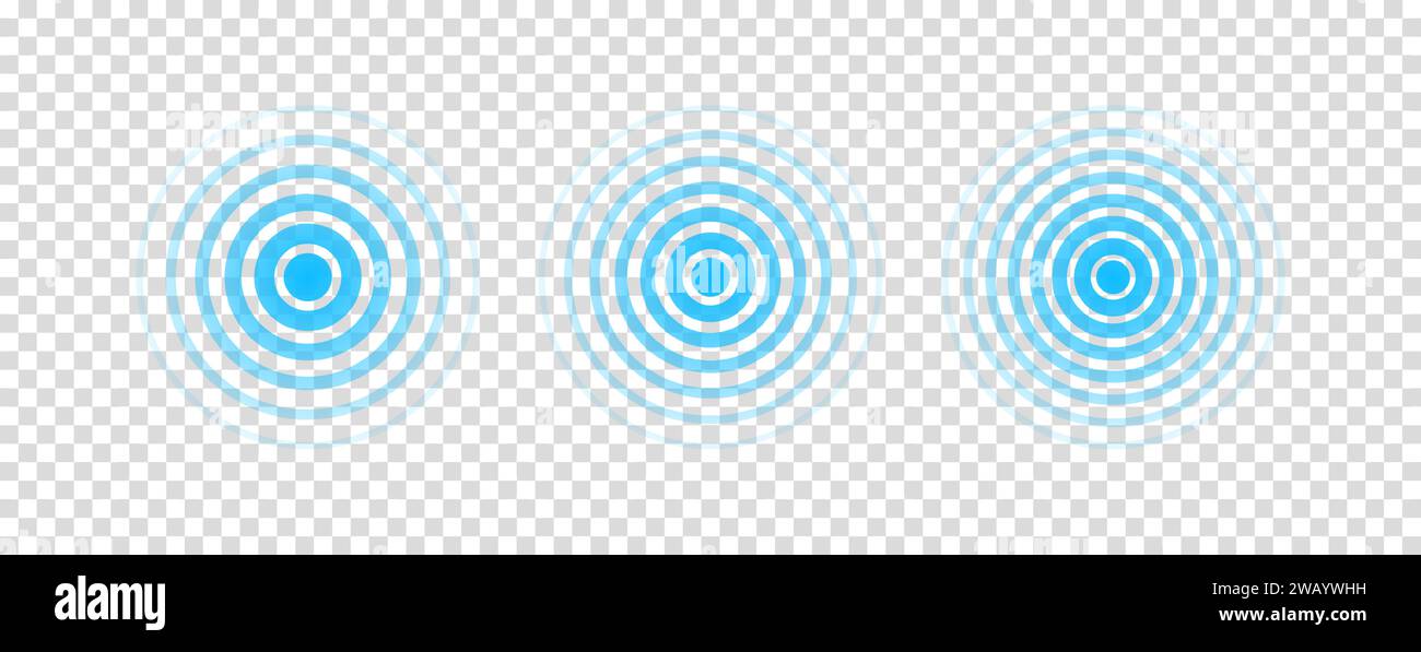 Circle radar wave. Sound ripple icon. Blue effect pulse isolated on transparent background. Signal radio. Pattern sonar. Vibration line. Radial rays Stock Vector