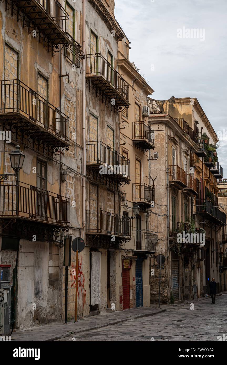 Palermo, Sicily, Italy, December 14, 2023 Rundown facade of an