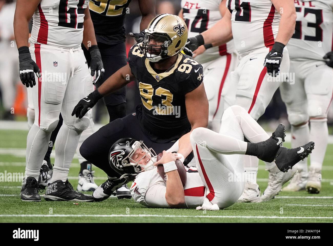 Atlanta Falcons quarterback Logan Woodside (11) is sacked by New ...