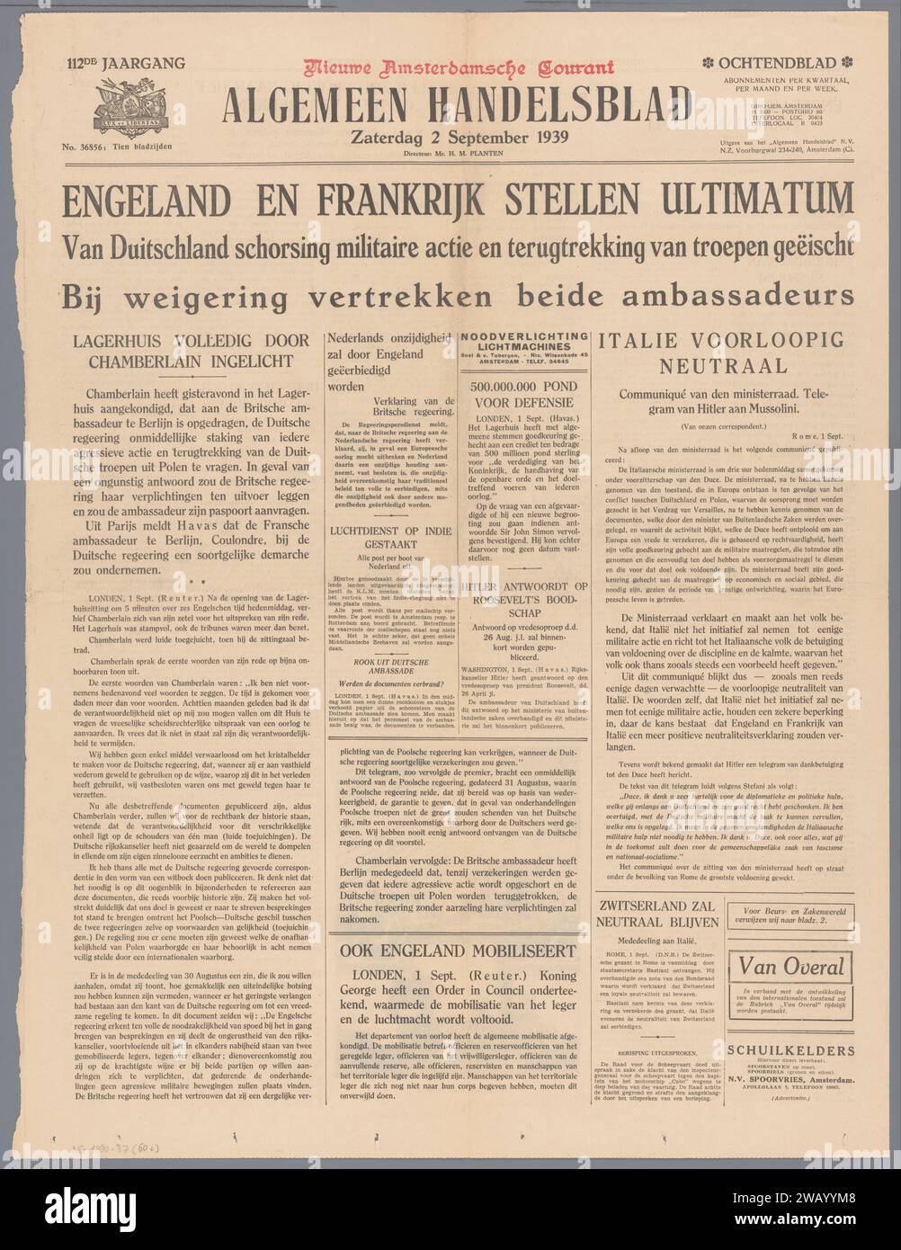 Algemeen Handelsblad, Algemeen Handelsblad, 1939  Newspaper about the German invasion in Poland, pp. 1 & 2 of No. 36856 of the 112nd volume of the Algemeen Handelsblad. Amsterdam paper printing  Poland Stock Photo