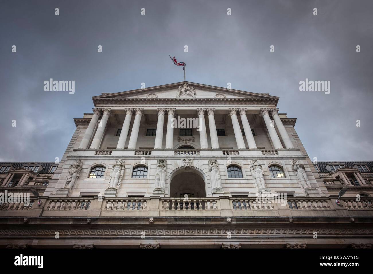 The Bank of England, London, Uk. Gloomy, miserable rain threatening sky. Stock Photo