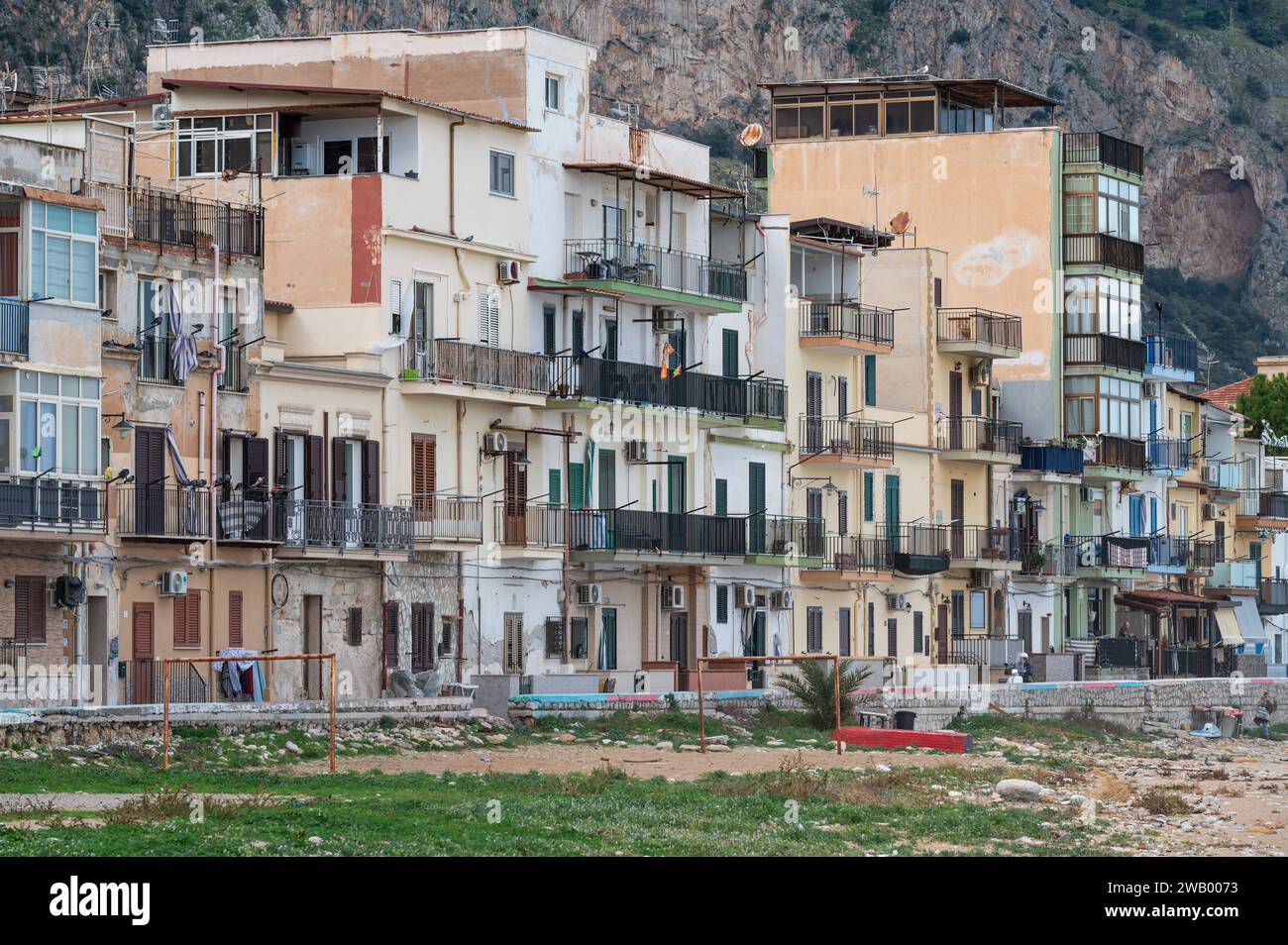 Aranella, Sicily, Italy, December 16, 2023 - Old worn out houses at the beach of the village Stock Photo