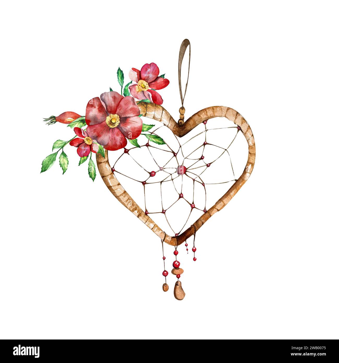 watercolor composition of a dreamcatcher in the form of a heart and rosehip flowers. handmade work. isolated on a white background. suitable for decor Stock Photo