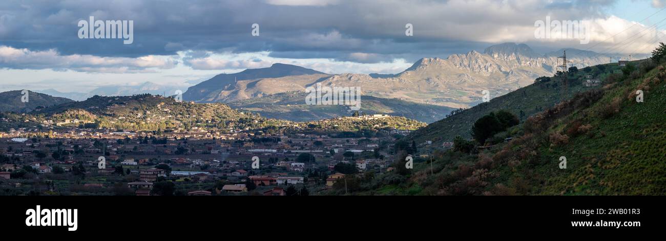 XL Pano from Mount Palermo over remote village houses, a green valley and the mount Pellegrino , Gibilrossa, Sicily, Palermo Stock Photo