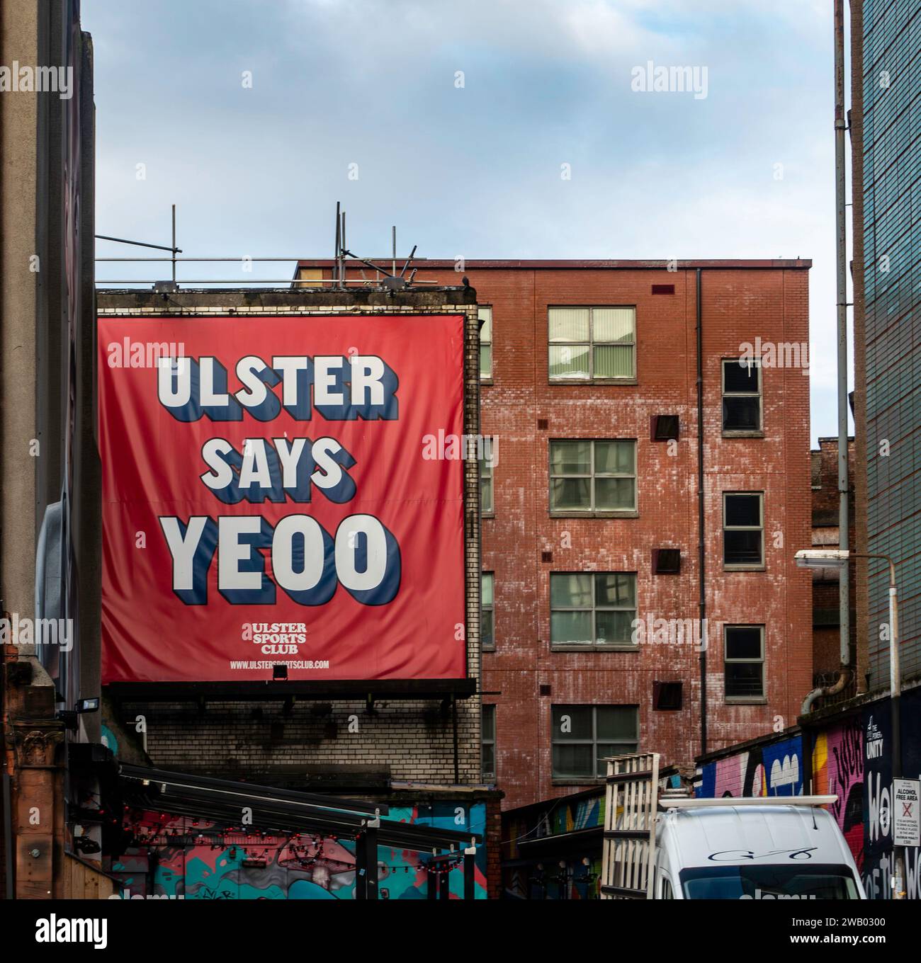 A large sign for the Ulster Sports Club in Belfast, Northern Ireland. The sign is a play on the famous slogan ‘ Ulster Says No” Stock Photo