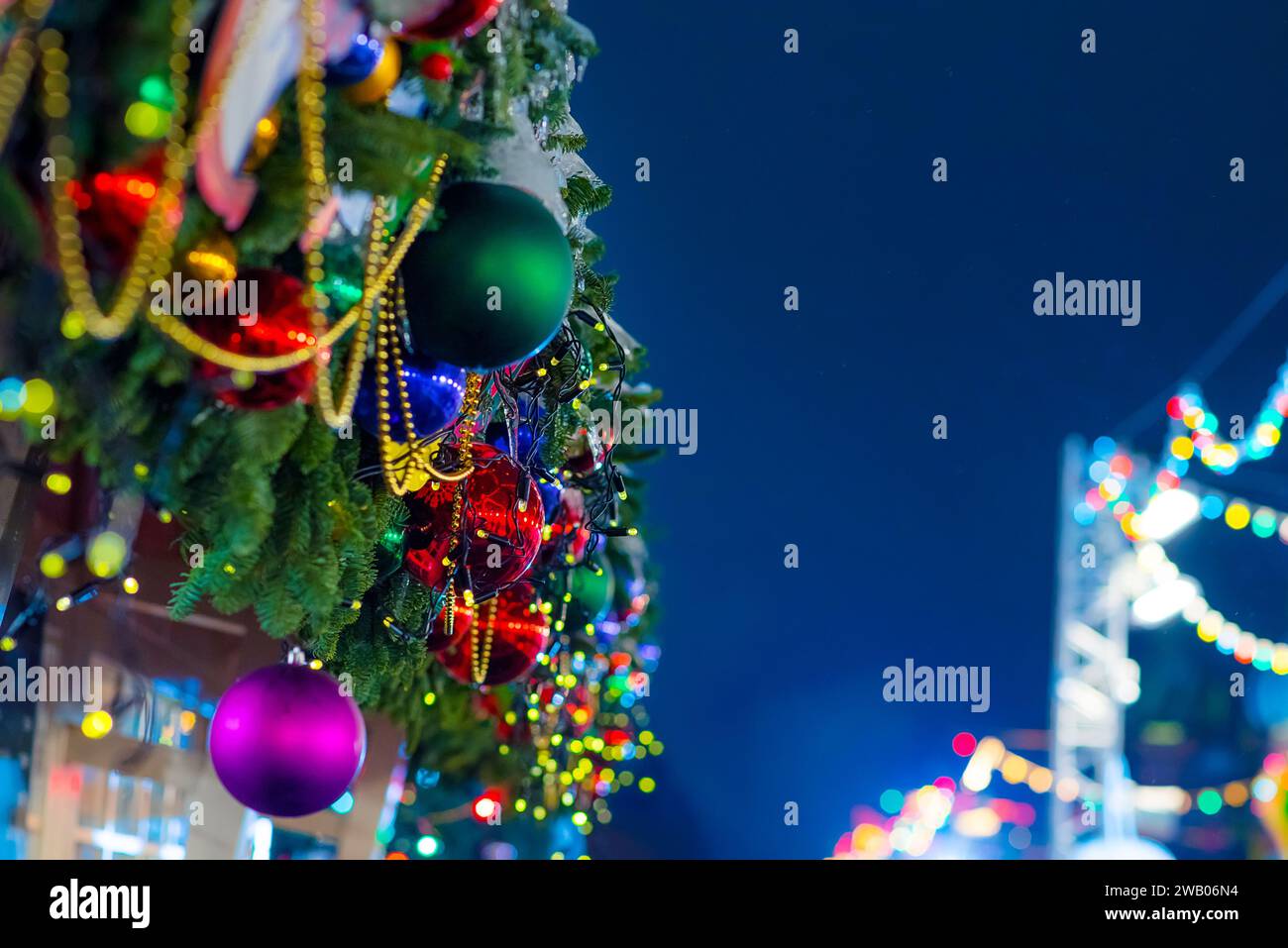 Christmas tree and Christmas decorations out side, new year streets Stock Photo Alamy