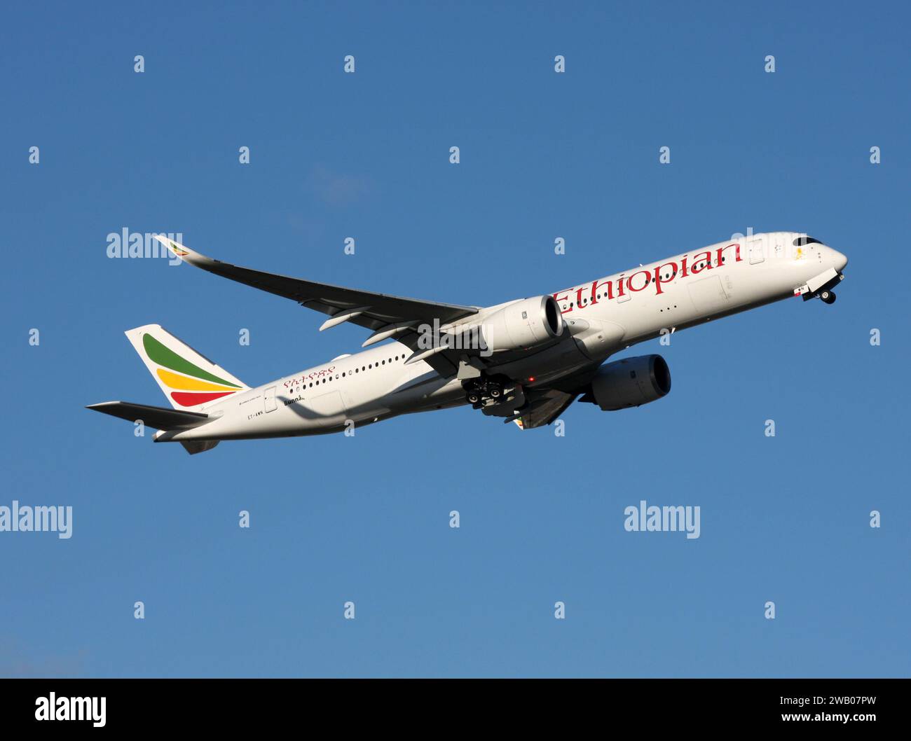 An Airbus A350-900 of Ethiopian Airlines departs London Gatwick Airport Stock Photo