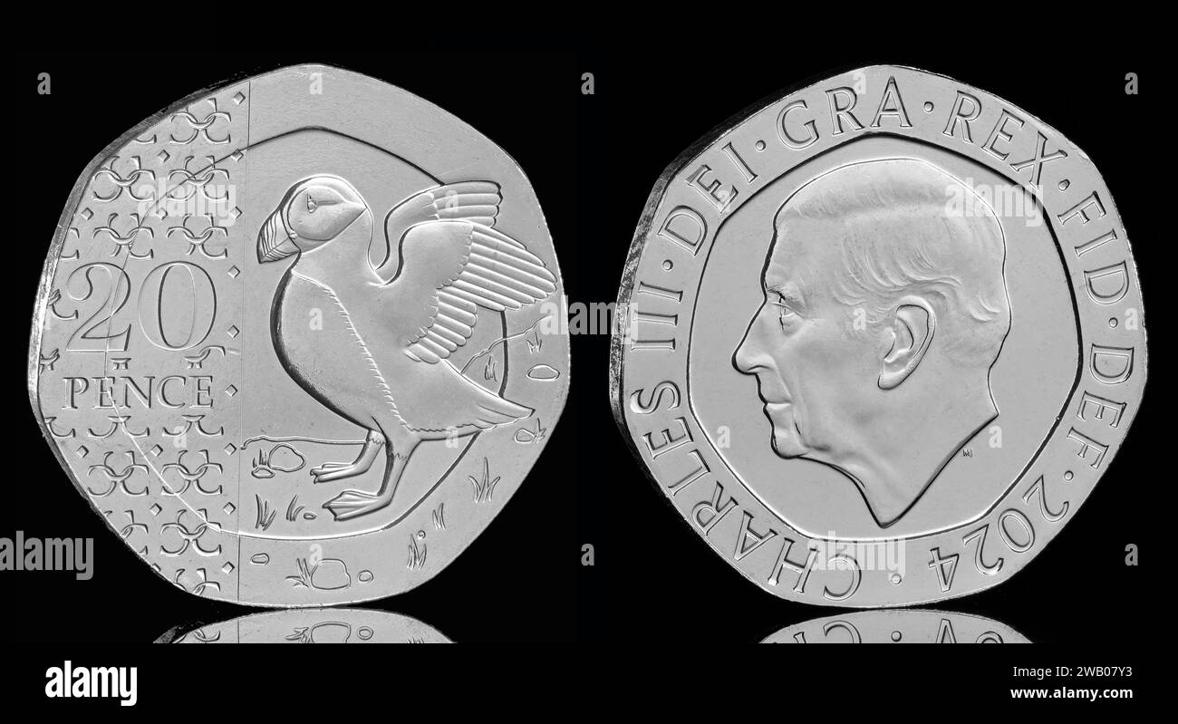 The 2024 20 pence coin with a Puffin design & the first 20p coin to feature King Charles III that will enter general circulation in the futre Stock Photo