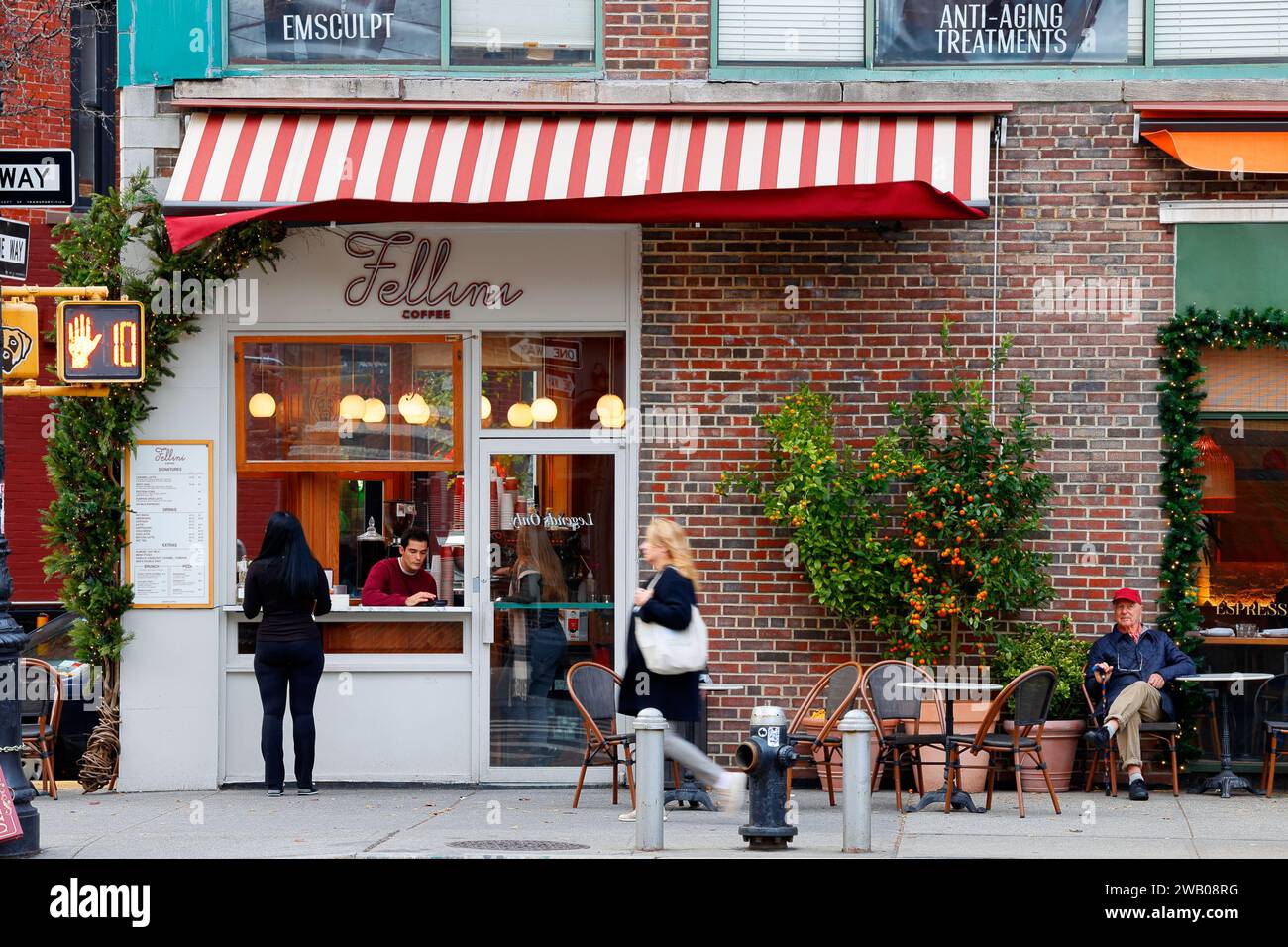 Fellini Coffee, 174 7th Ave S, New York, NYC storefront photo of a coffee shop in Manhattan's Greenwich Village neighborhood. Stock Photo