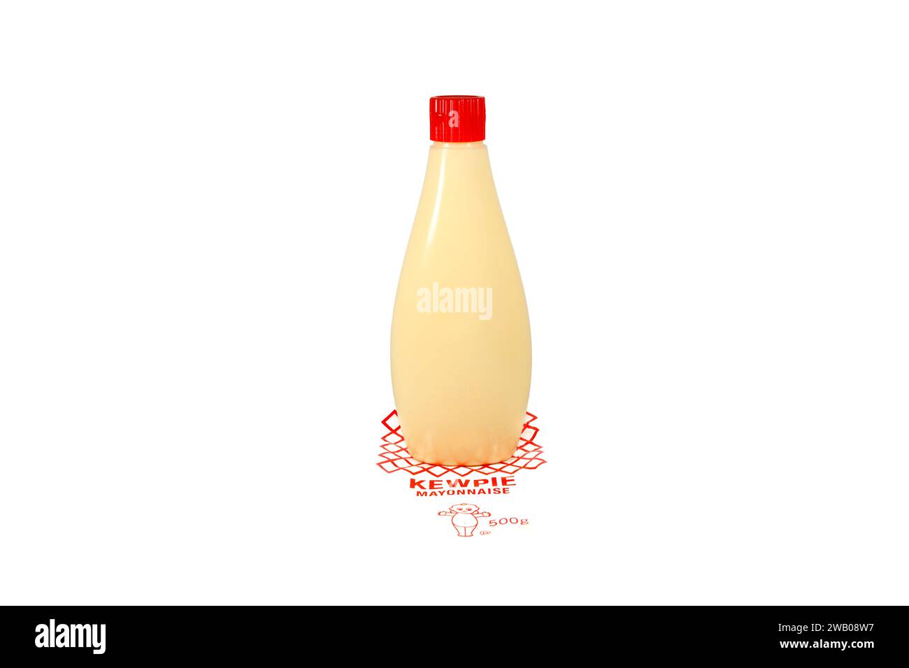 A bottle of Kewpie Mayonnaise isolated on a white background. cutout image for illustration and editorial use. Stock Photo