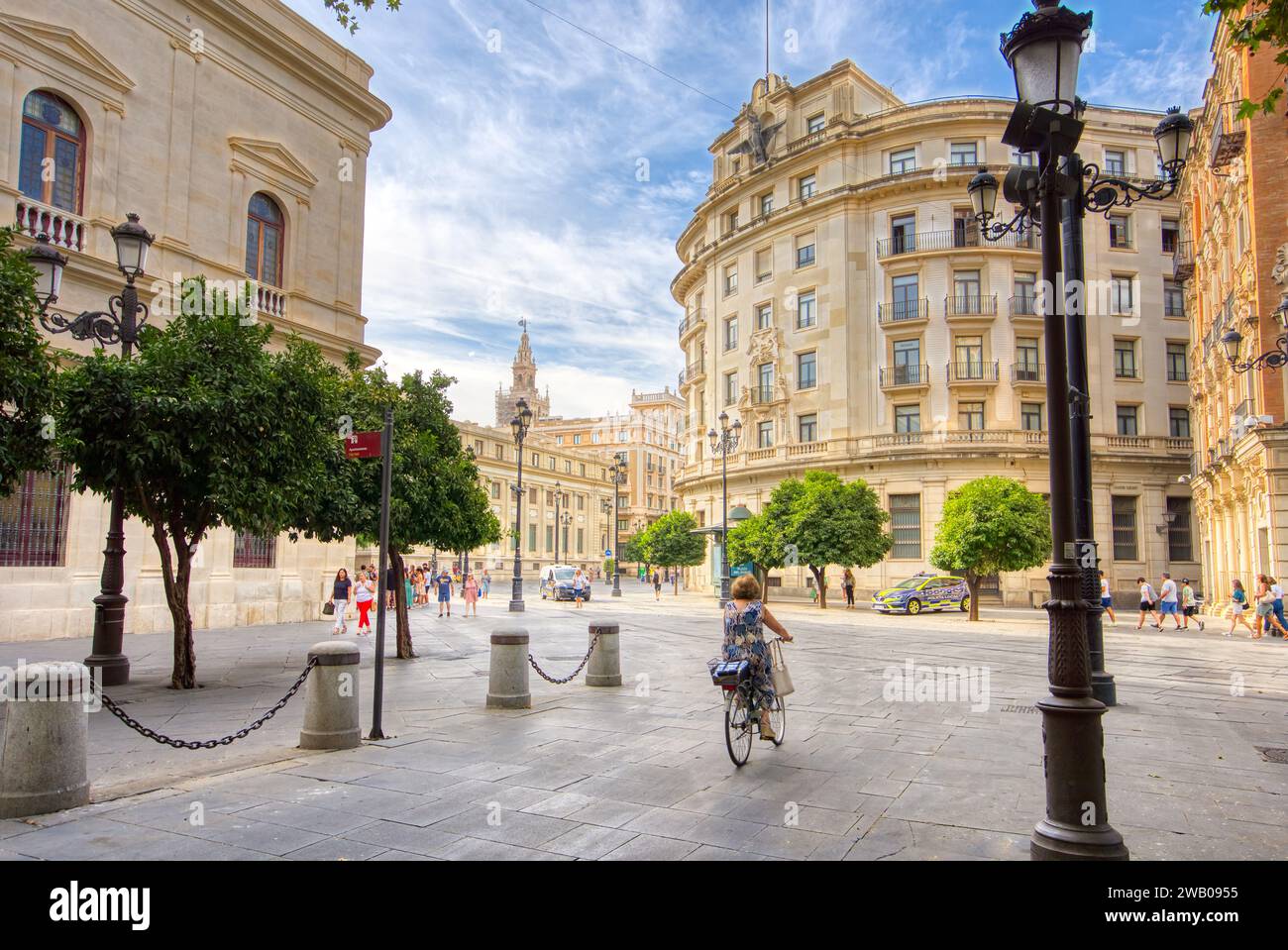 Sevilla, Spain - September 1, 2023: View of historic buildings and hotels near the Plaza Nueva in Sevilla, Spain Stock Photo