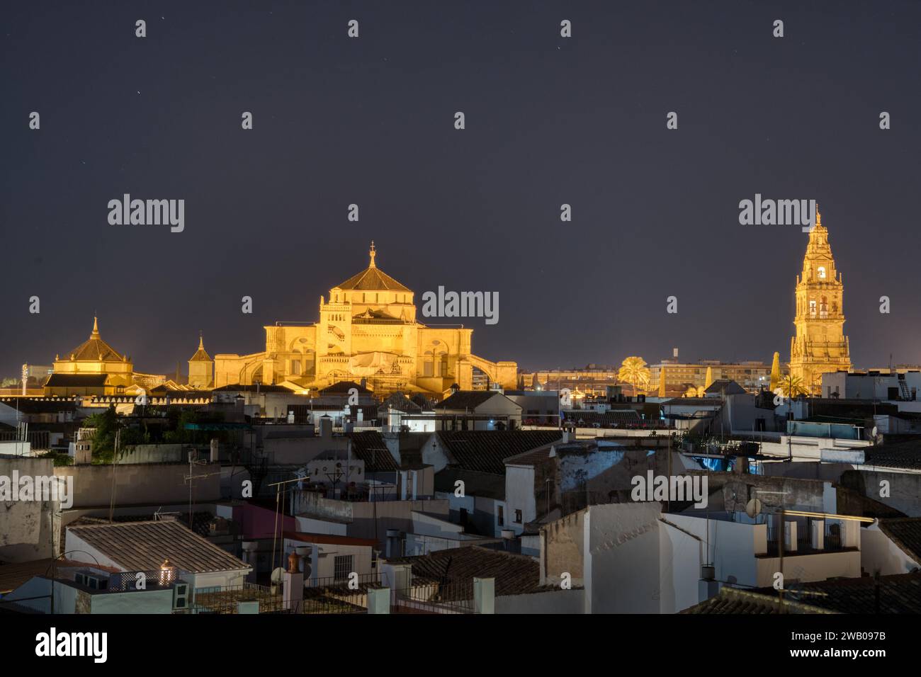 Illuminated skyline of the Mezquita Cathedral of Cordoba, Spain at night Stock Photo