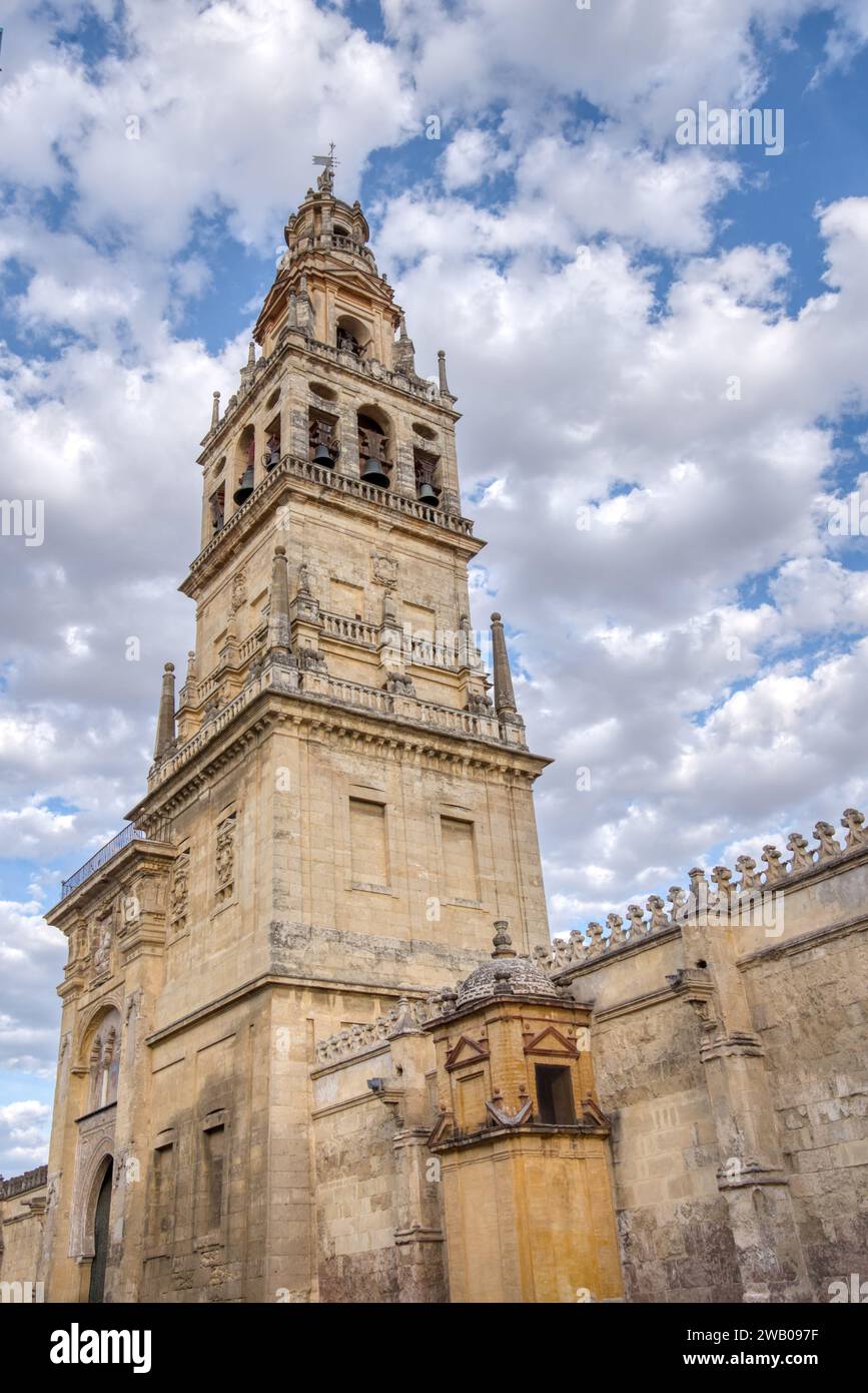 Cordoba, Spain - August 30, 2023: Exterior bell tower of the Mezquita Cathedral, originally part of the Great Mosque of Cordoba Stock Photo