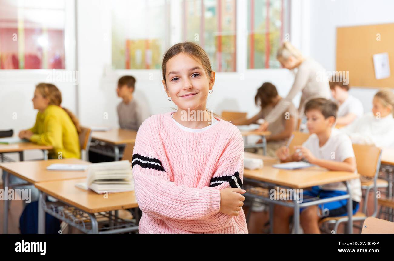 Portrait of schoolgirl at lesson in school Stock Photo - Alamy