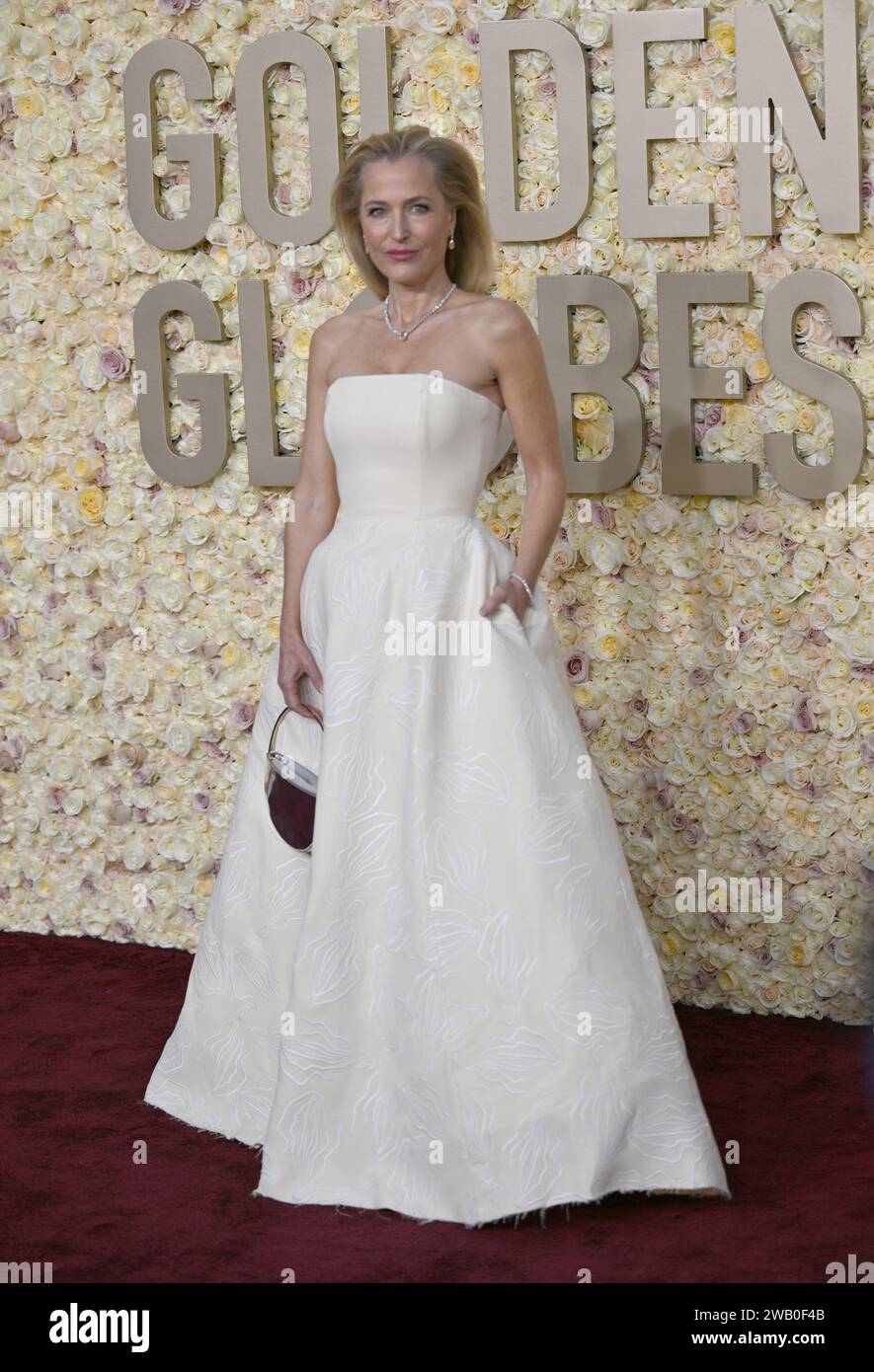 gillian anderson golden globe dress 2024 arrives at the 81st Awards on Sunday, Jan. 7, 2024, at the Beverly Hilton in Beverly Hills, Calif. (Photo by Jordan Strauss/Invision/AP Stock Photo feature_High Low
