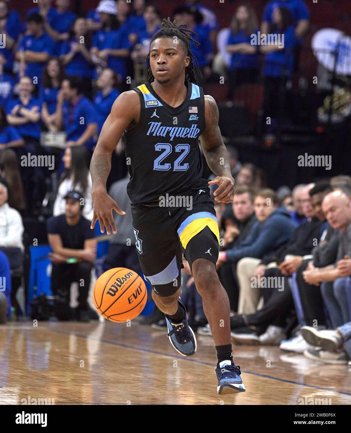 Marquette Golden Eagles guard Sean Jones 22 in the first half against the Seton Hall Pirates during a Big East basketball matchup at the Prudential Center in Newark New Jersey on Saturday
