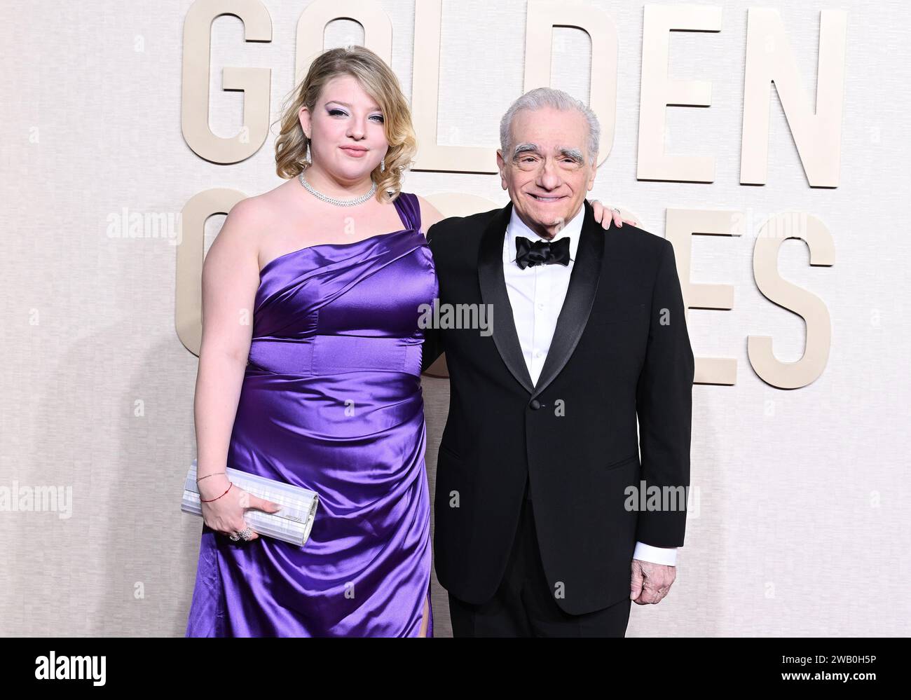 Francesca Scorsese and Martin Scorsese at the 81st Golden Globe Awards held at the Beverly Hilton Hotel on January 7, 2024 in Beverly Hills, California. Stock Photo