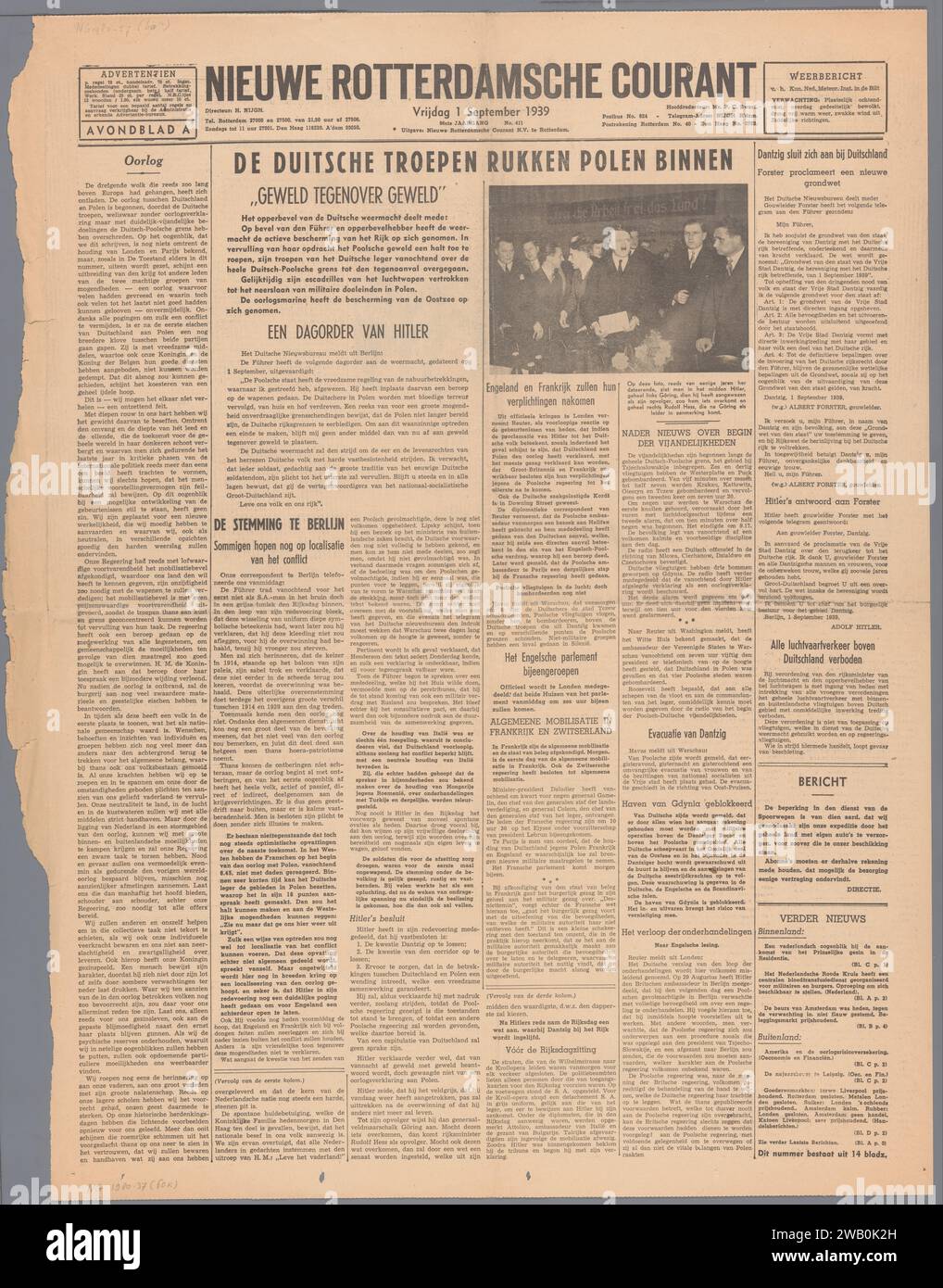Nieuwe Rotterdamsche Courant, Nieuwe Rotterdamsche Courant, 1939  Newspaper about the German invasion in Poland, p. 1 & 2 of No. 411, 96th volume of the NRC. Rotterdam paper printing  Poland Stock Photo