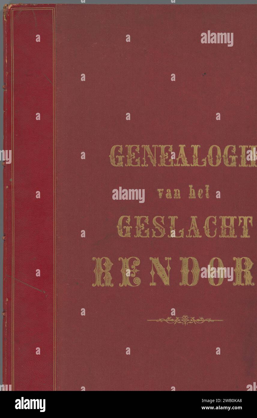 Genealogy of the Rendorp family, Anonymous, After 1837  Handwritten Genealogical overview of eleven generations of Rendorp. In red linen strap with print in gold and back and corners, reinforced with red leather. After an introduction to the origin and origin of the Rendorp family, a description and image of the family crest, a table of contents, a name list and per generation a description of the wedding partner, their children, the related family weapons in color and other details regarding education or profession . The Hague paper. deck paint writing (processes) / brush Stock Photo