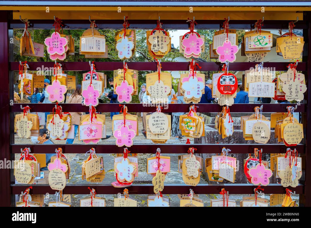 Kyoto, Japan - April 6 2023: Beautiful cherry blossom 'Ema' - small wooden plaques with  written prayers wishes hung  at Ninnaji temple Stock Photo