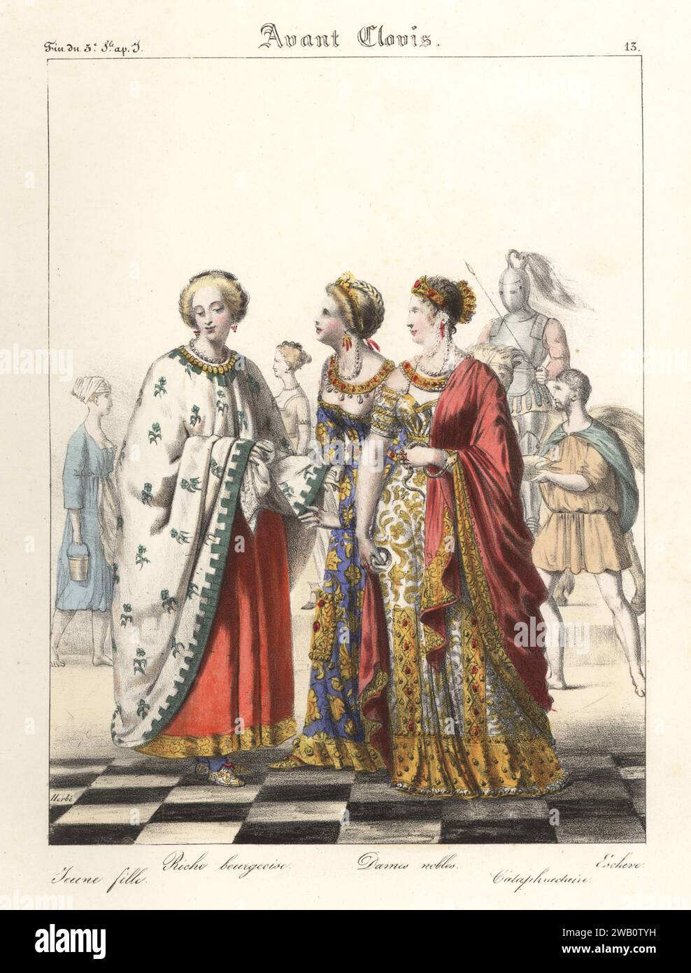Costumes of rich and noble Gauls, end of the 5th century. Rich bourgeois and noblewomen in bejeweled headdresses, embroidered mantles and robes, one holding a snake. In the background, a mounted cataphract in full armour and an enslaved man. Jeune fille, Riche bourgeoise, Dames nobles, Cataphractaire, Escleve. Avant Clovis. Handcoloured lithograph by Godard after an illustration by Charles Auguste Herbé from his own Costumes Francais, Civils, Militaires et Religieux, French Costumes, Civil, Military and Religious, Maison Martinet, Paris, 1837. Stock Photo