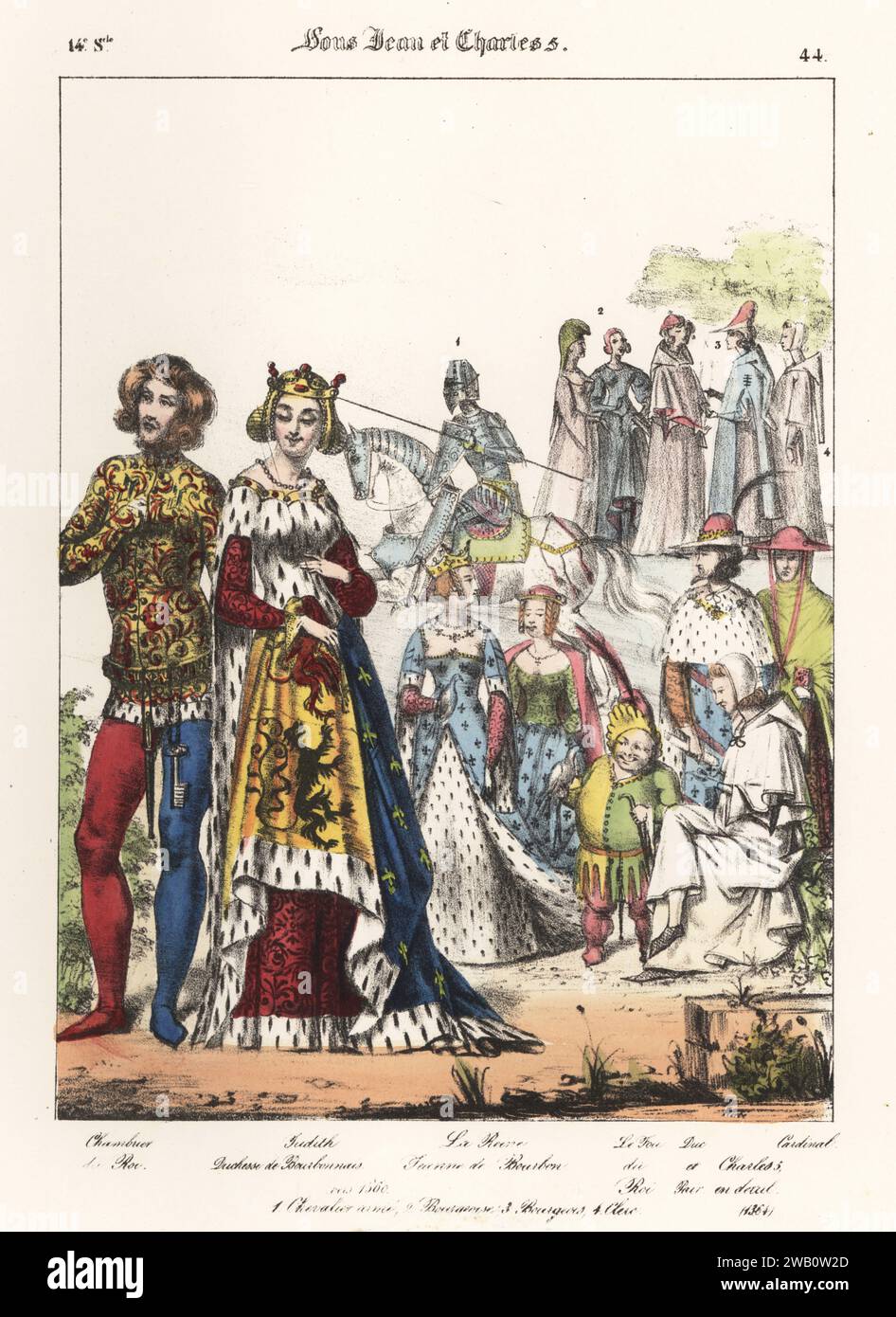 Mary of Hainaut, wife of Louis I, Duke of Bourbon, in ermine armorial surcoat, 1280-1354, with a chamberlain in embroidered doublet and hose, 14th century. Flanked by Joanna of Bourbon, Queen of France, King Charles V, fool, cardinal, peer. Chambrier de Roi, Judith (sic), Duchesse de Bourbonnais, la Reine Jeanne de Bourbon, le fou de Roi, Euc et Pair, Charles V, Cardinal. Sous Jean et Charles V. Handcoloured lithograph by Godard after an illustration by Charles Auguste Herbé from his own Costumes Francais, Civils, Militaires et Religieux, French Costumes, Civil, Military and Religious, Maison Stock Photo