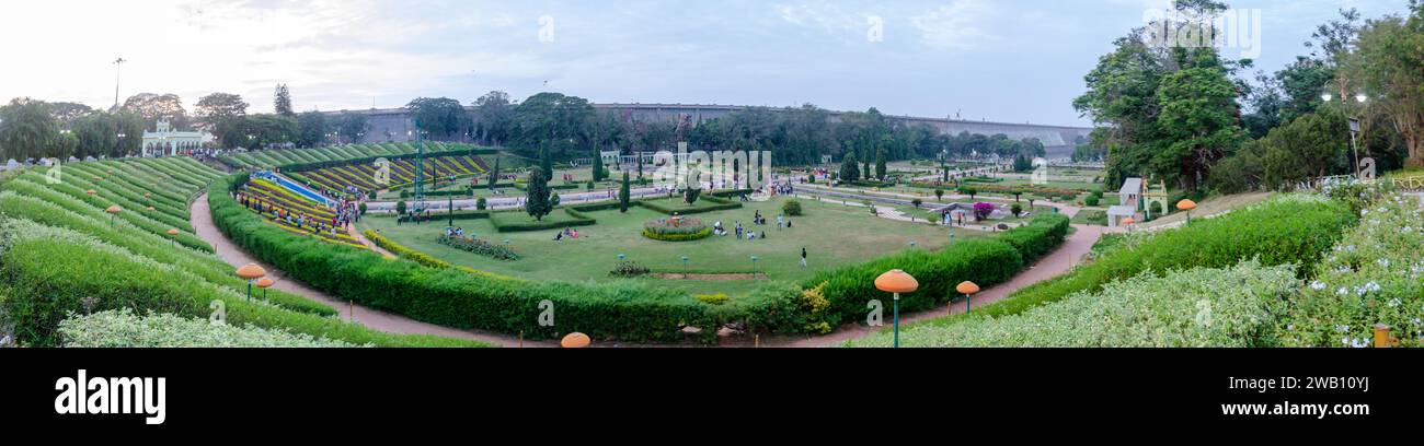 Panoramic view of the Brindavana Gardens with KRS dam in the background at Mysore. Stock Photo