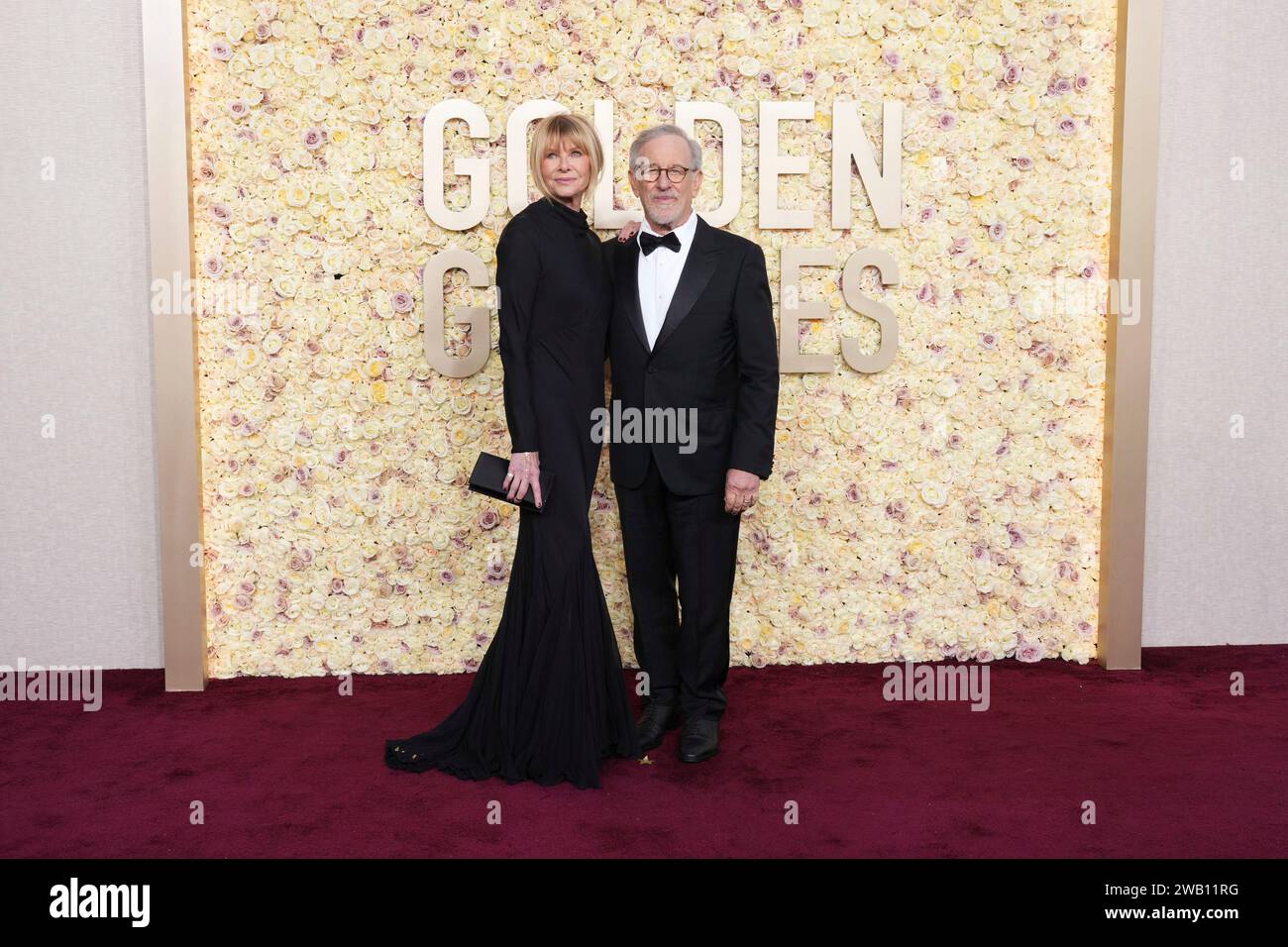 Kate Capshaw, left, and Steven Spielberg arrive at the 81st Golden Globe  Awards on Sunday, Jan. 7, 2024, at the Beverly Hilton in Beverly Hills,  Calif. (Photo by Jordan Strauss/Invision/AP Stock Photo -, image size:1300x956