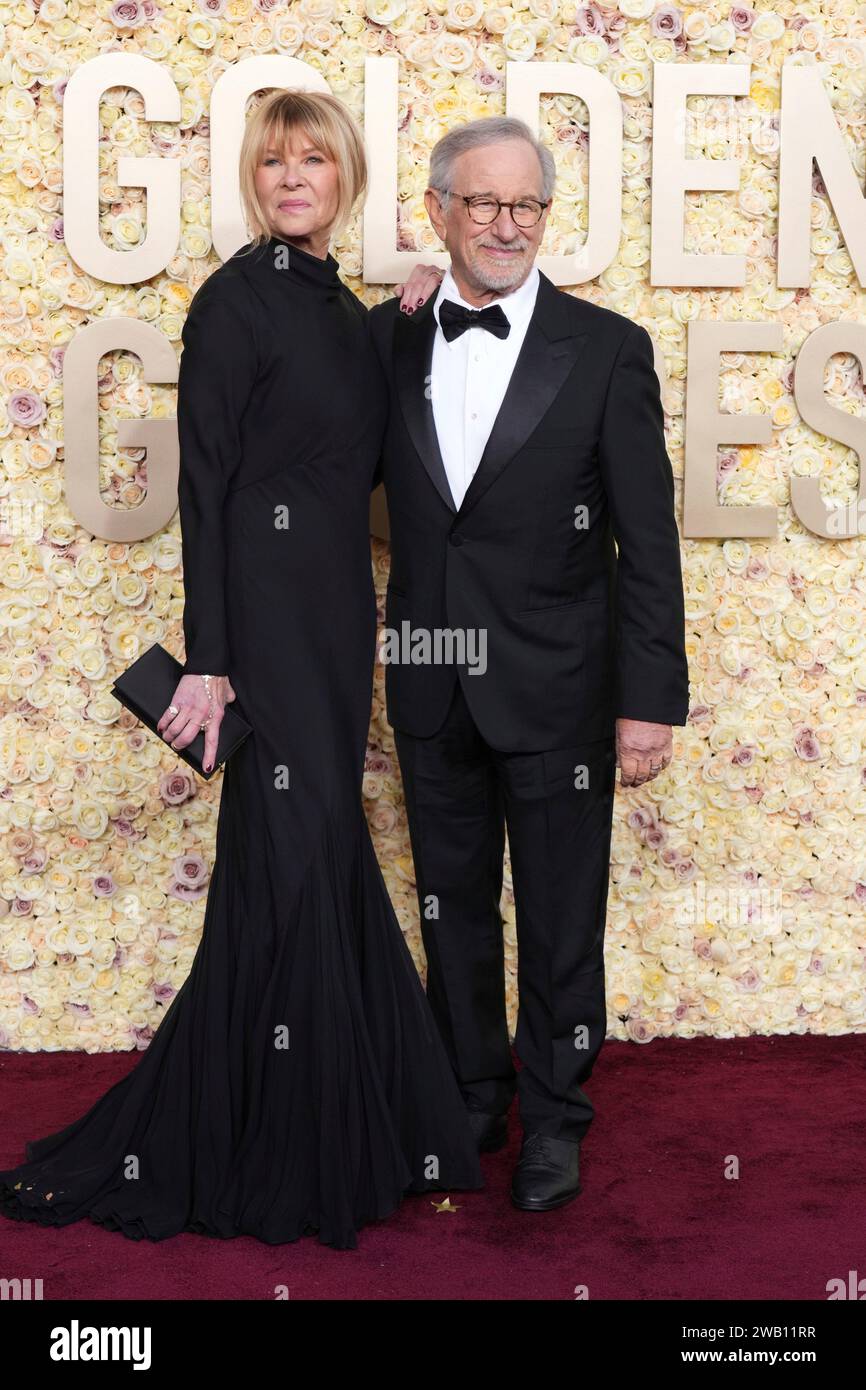 Kate Capshaw, left, and Steven Spielberg arrive at the 81st Golden