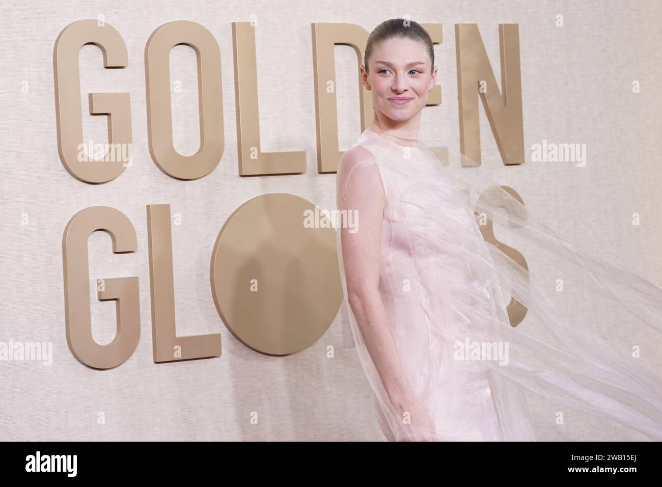 Hunter Schafer arrives at the 81st Golden Globe Awards on Sunday, Jan. 7, 2024, at the Beverly