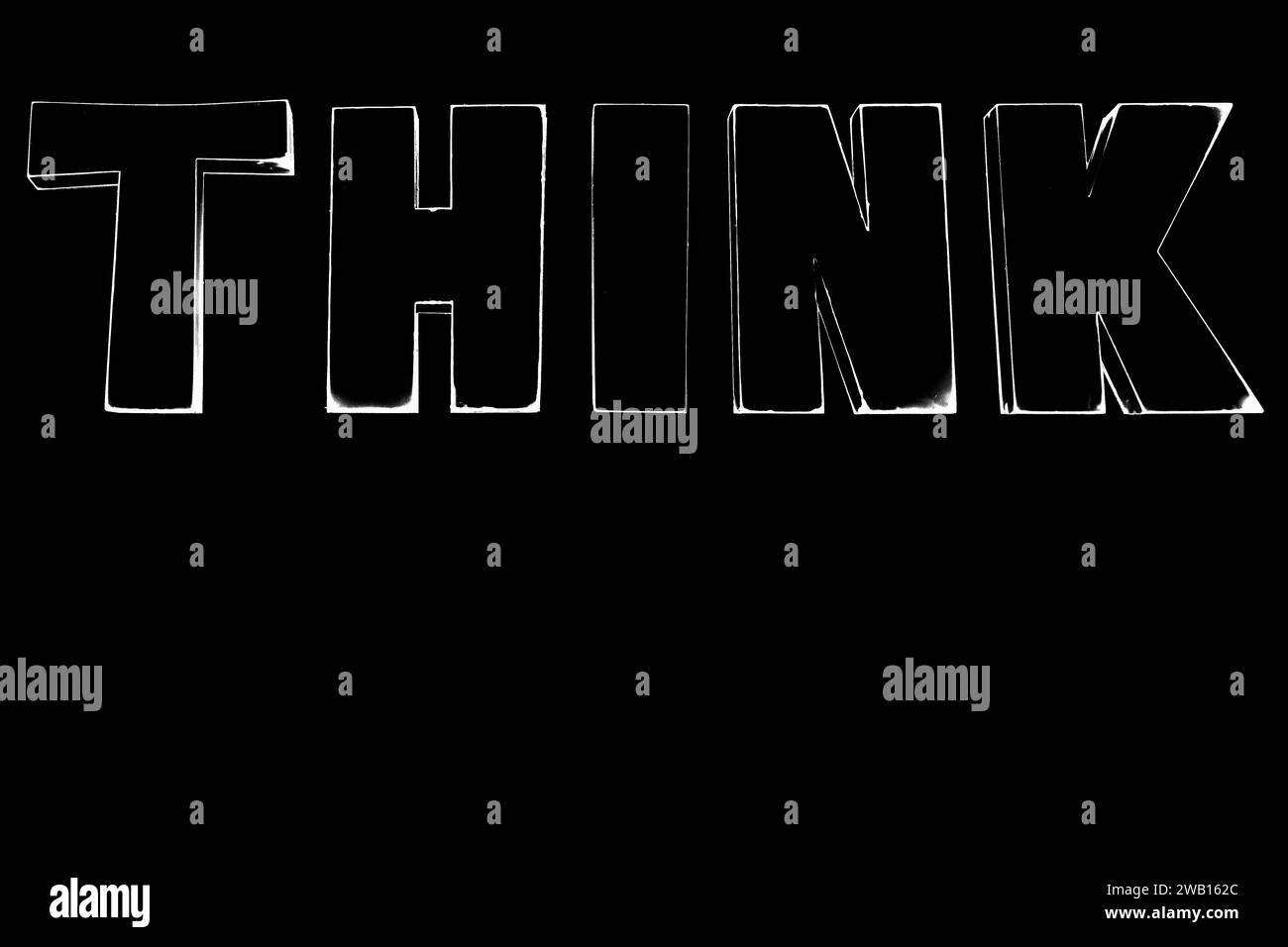 Word THINK big white letters black background isolated closeup, think
