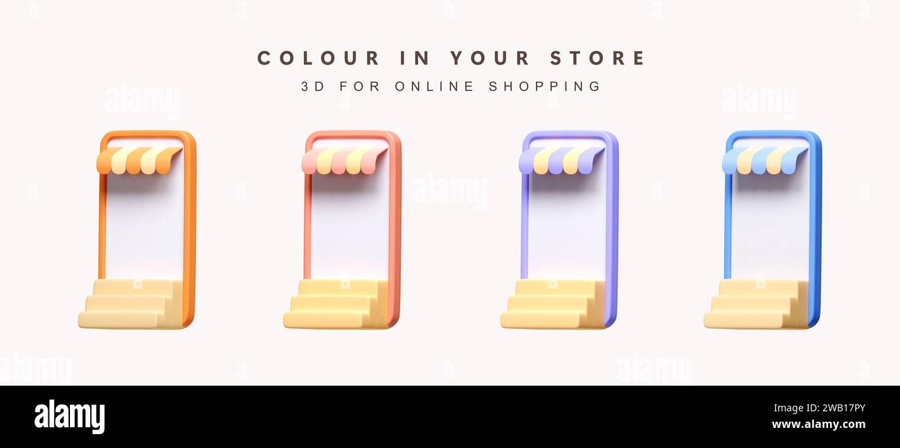 3d Set of color store on phone for shopping online concept. icon ...