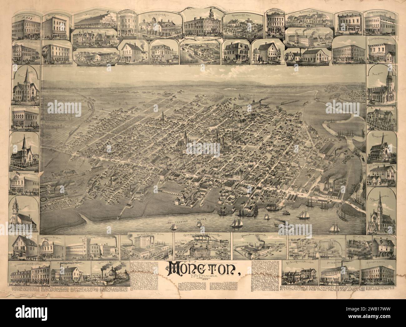 Vintage illustrated map of the city of Moncton, New Brunswick, Canada 1888. Insets shows prominent buildings, businesses and residences. Stock Photo