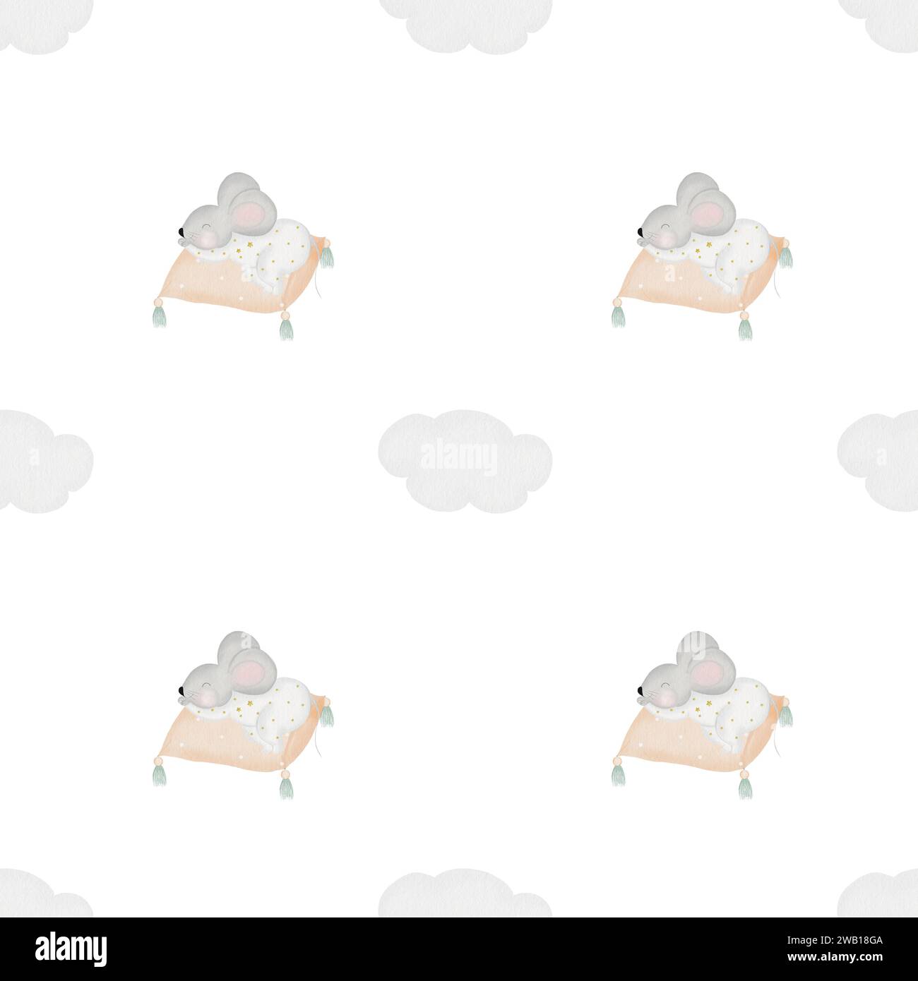 Cute seamless watercolor pattern of a mouse sleeping on a pillow and ...