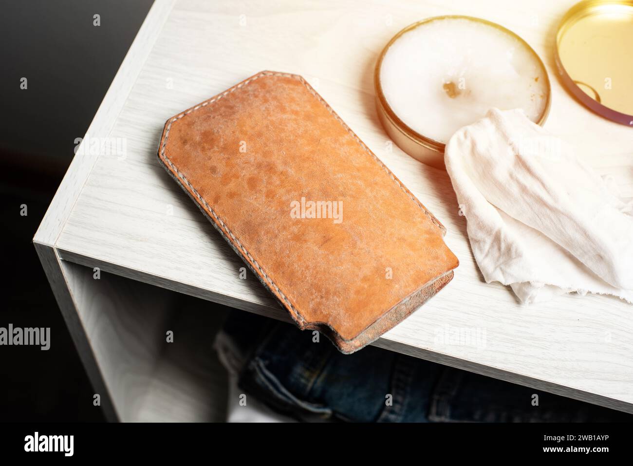 Mould on leather product. Leather care concept. Stock Photo