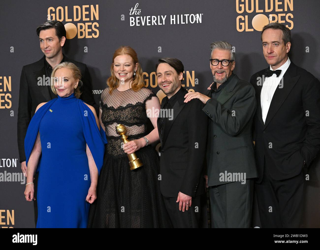 Beverly Hills, United States. 07th Jan, 2024. (L-R) Nicholas Braun, J. Smith-Cameron, Sarah Snook, Kieran Culkin, Alan Ruck, and Matthew Macfadyen, winners of the Best Television Series - Drama for 'Succession,' during the 81st annual Golden Globe Awards at the Beverly Hilton in Beverly Hills, California on Sunday, January 7, 2024. Photo by Chris Chew/UPI Credit: UPI/Alamy Live News Stock Photo