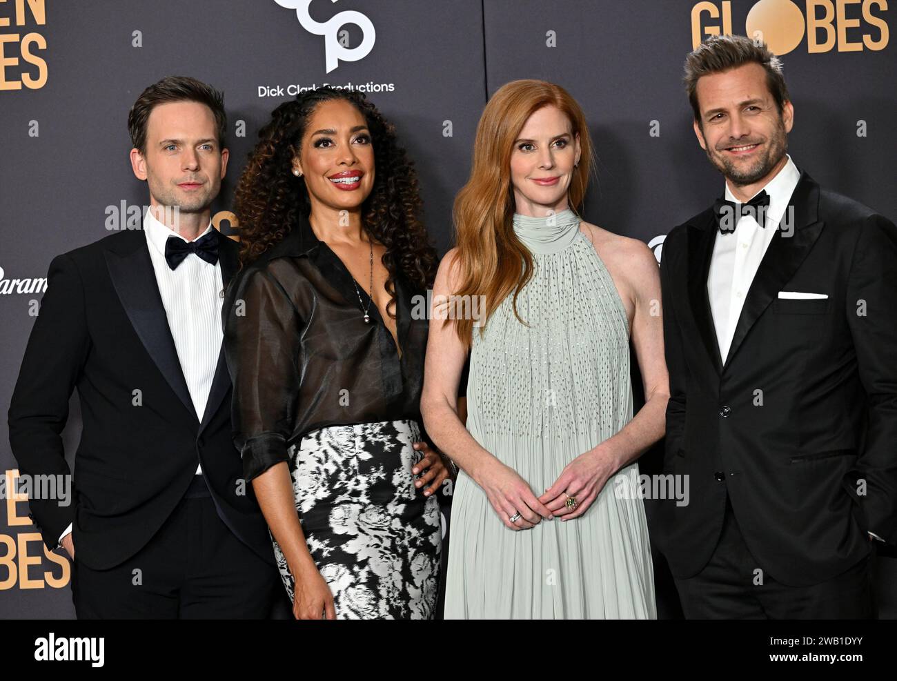 Beverly Hills, United States. 07th Jan, 2024. (L-R) Patrick J. Adams, Gina Torres, Sarah Rafferty and Gabriel Macht pose backstage during the 81st annual Golden Globe Awards at the Beverly Hilton in Beverly Hills, California on Sunday, January 7, 2024. Photo by Chris Chew/UPI Credit: UPI/Alamy Live News Stock Photo