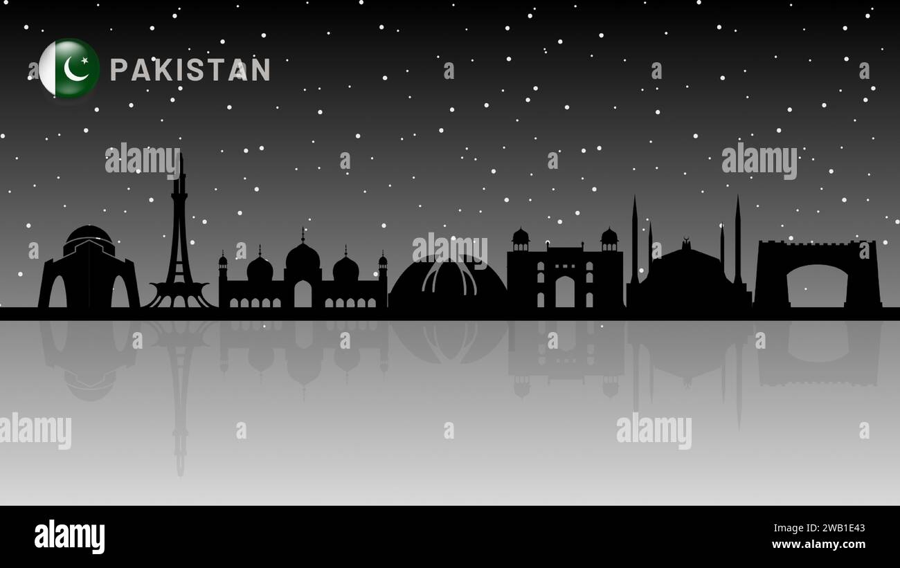 pakistan skyline, Pakistan cityscape, Pakistan skyscraper buildings vector silhouette on beautiful snow falling night view background . vector Stock Vector