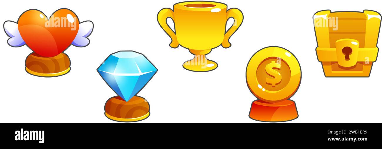 Goblet trophy of different shapes on stand for game ui design. Cartoon vector illustration set of winner award and prize of golden cup and coin, chest and blue diamond, red heart with wings. Stock Vector